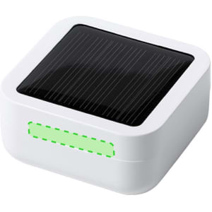 A white solar charger with a black solar panel on top and a green light indicator.