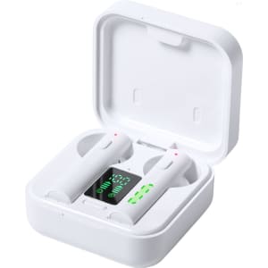White Vinzer earphones nestled in a white charging case, featuring a digital battery indicator.