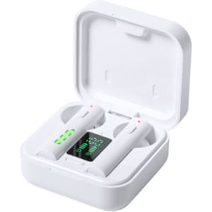 A pair of white Vinzer earphones in a charging case, featuring a digital display and LED indicators.