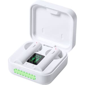 A pair of white Vinzer earphones in a charging case, featuring a digital display and green LED indicators.
