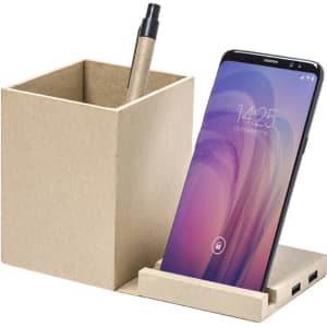 A multifunction pencil holder in natural kraft colour with a smartphone stand and a pen. It includes a logo.