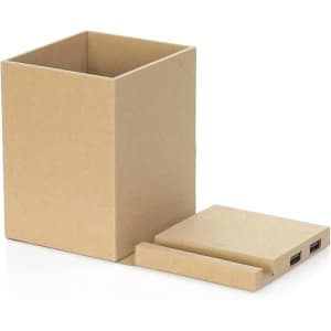A brown, rectangular pencil holder with a removable, flat base featuring USB ports. Branding is present on the product.