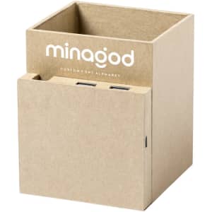A kraft-coloured multifunction pencil holder with a branding logo, featuring various compartments for organisation.
