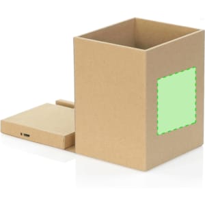 A brown cardboard pencil holder with a removable base, featuring a logo and a green rectangular area.