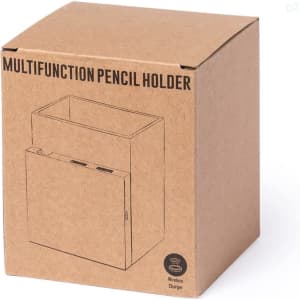 A brown cardboard box featuring a simple illustration of a multifunction pencil holder with a wireless charger.