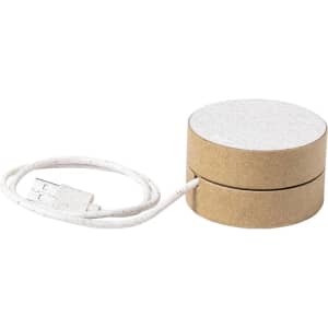 A wireless charger featuring a round design with a textured grey top and a brown base, connected by a white cable.