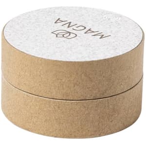 A round, two-piece kraft cardboard packaging featuring a white top and a logo, suitable for a promotional product.