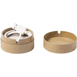 A circular brown cardboard container with a white USB charging cable inside and a second empty container beside it.