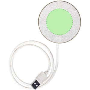 A wireless charger with a circular design, featuring a green centre and attached USB cable, primarily in beige tones.