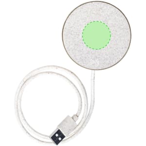 A wireless charger in beige with a green centre, featuring a cable and a logo on the surface.