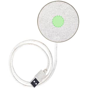 A round, light grey wireless phone charger with a white USB cable attached. It features a small logo.