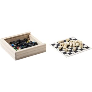 A wooden game set with a black and white checkered board and assorted black, white, and coloured pieces in a box.
