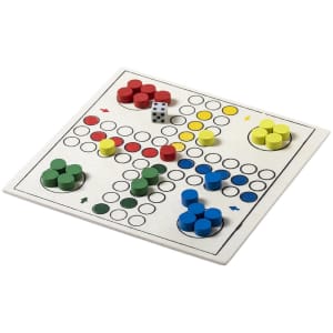 A Parchess game set featuring a board with red, blue, yellow, and green game pieces, and a dice.