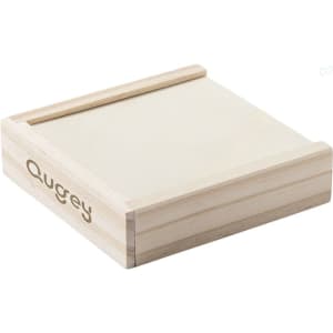 A wooden game box with a smooth top and a branded logo, featuring a natural finish and minimal design.