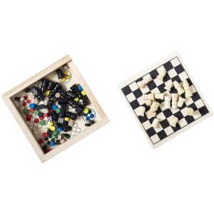A wooden game set featuring a checkerboard design and various coloured game pieces in a compartmentalised box.
