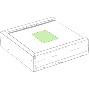 A wooden game box with a green square design on the lid, featuring a simple, rustic style.