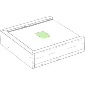 A wooden game box with a bright green emblem on the top, featuring a rustic design.