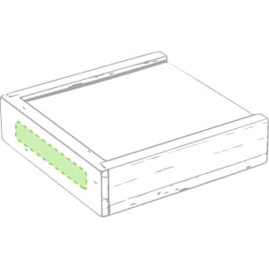 A wooden game box with a green design detail on the side, featuring a simple, rustic appearance.
