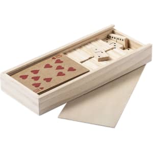 A wooden game set featuring cards and dominoes, neatly stored in a light-coloured wooden box.