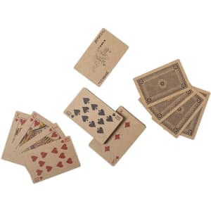 A set of playing cards featuring red hearts and diamonds, with a rustic brown design and an intricate back pattern.