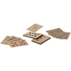 A set of playing cards in brown and red, featuring various suits and designs. The grouping includes multiple cards.