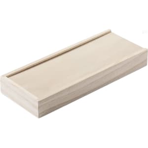 A wooden game set box in a natural finish, featuring a sleek rectangular design with a sliding lid.