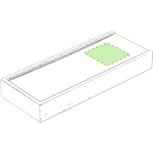 A rectangular wooden box with a smooth surface and a green square patch on the top, featuring a logo.