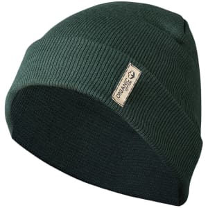 A green beanie hat with a textured design and a small branding label attached.