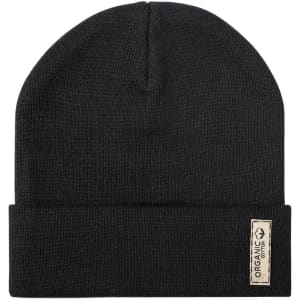 A black beanie featuring a folded cuff and a logo tag on the side.