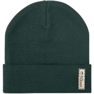 A dark green beanie hat featuring a folded cuff and a woven label.