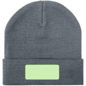 A grey beanie hat featuring a blank patch for customisation and a logo on the side.