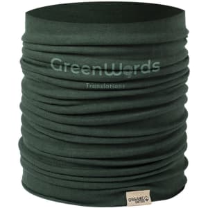 A green neck warmer made from organic cotton, featuring a gathered design and a small label.
