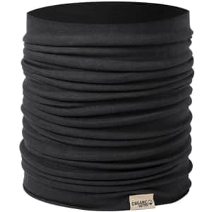 A black fabric neck warmer with a gathered design and a tag indicating organic cotton.