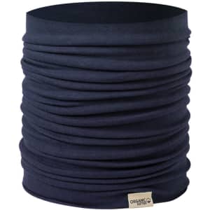 A navy neck warmer with a textured, gathered design and a small logo tag. Made from organic cotton.