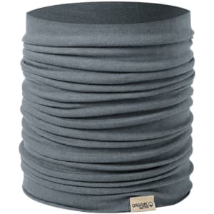 A grey Omega Neck Warmer made from organic cotton, featuring a simple design with a branding tag.
