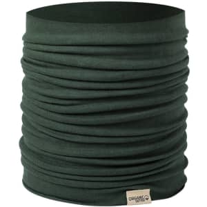 A dark green neck warmer featuring a gathered design and a small fabric label.