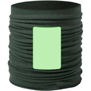 A dark green neck warmer with a textured design and an area for branding.