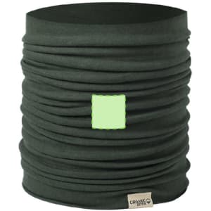 A dark green neck warmer with a textured design and a small logo label at the base.