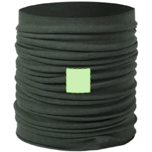 A green neck warmer with a gathered design and a logo in the centre. Suitable for clothing accessories.