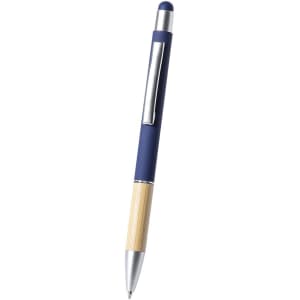 A stylus touch ball pen in navy blue with a bamboo accent and a silver clip, featuring a logo on the barrel.