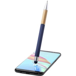 A stylus touch ball pen with a navy body and silver tip, resting on a smartphone screen. The pen has a wooden accent.