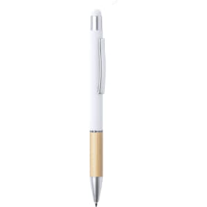 A white stylus touch ball pen with a bamboo barrel and silver accents, featuring a clip and a stylus tip.