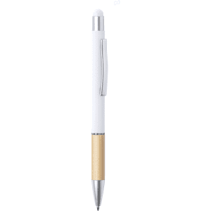 A white stylus touch ball pen with a silver clip and a bamboo section on the lower part.