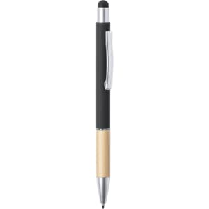 A black and bamboo stylus touch ball pen featuring a clip and a rubber tip for touchscreen devices.