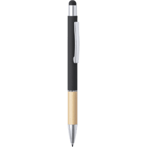 A stylus touch ball pen featuring a black upper section and a bamboo lower section, with a silver clip.