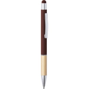 A brown and metallic silver stylus touch ball pen with a textured bamboo grip and a logo.