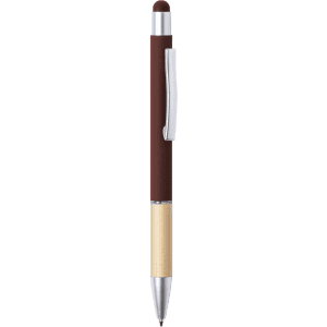 A brown stylus touch ball pen featuring a silver clip and a bamboo accent on the barrel.