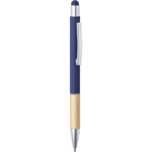 A navy blue stylus touch ball pen with a metallic silver clip and gold accent on the barrel.