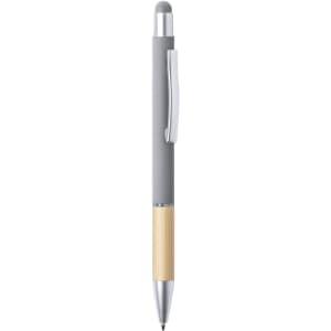 A stylus touch ball pen with a grey body and bamboo accent, featuring a silver clip and a soft-touch tip.