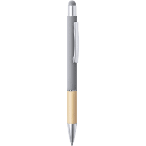 A stylus touch ball pen featuring a grey body and a natural bamboo accent, complete with a silver clip.
